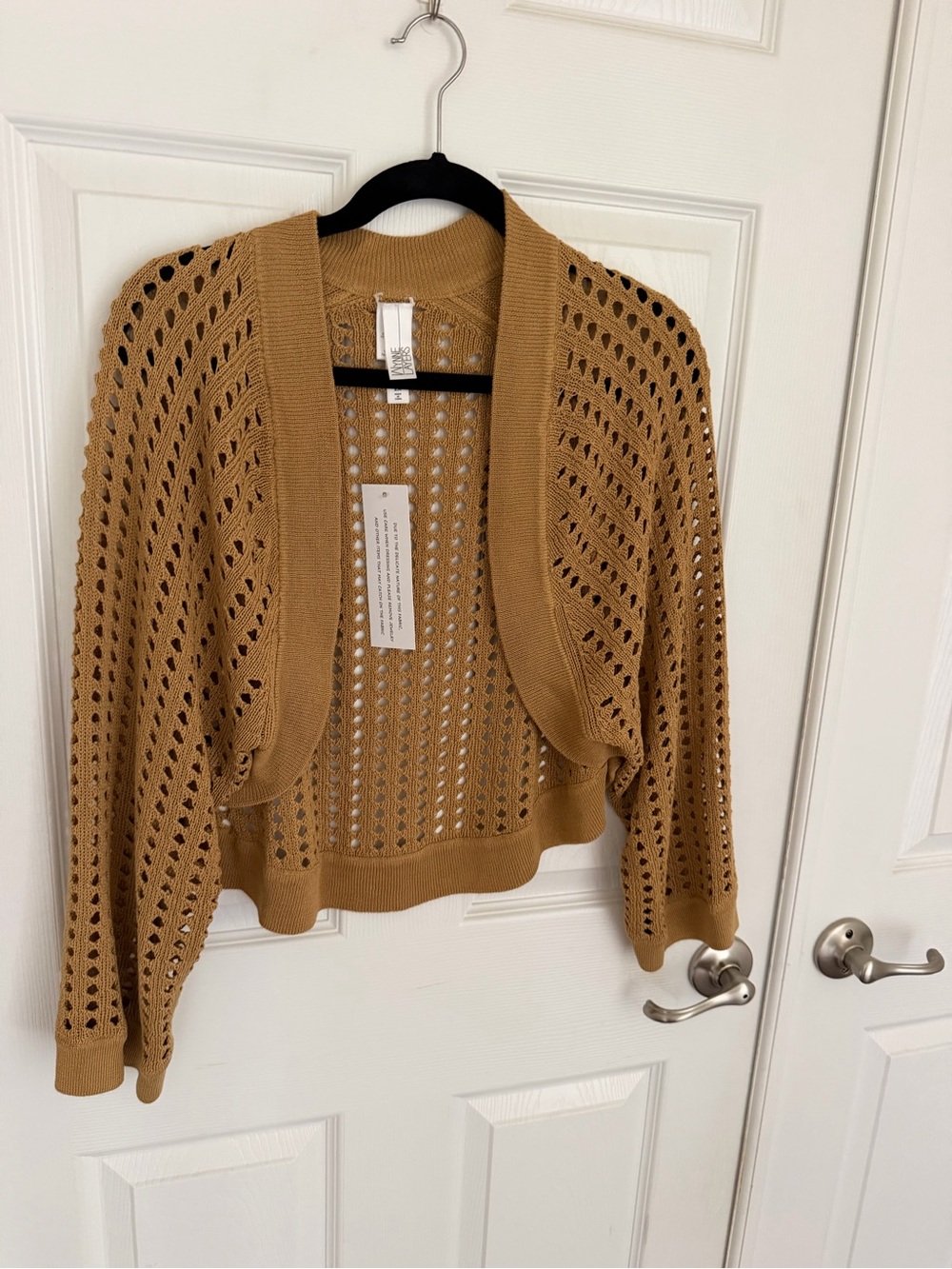 Cropped Open-Knit Cardigan Sweater in Camel